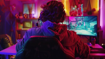 Fototapeta premium Shot of the Professional Gamer Playing in First-Person Shooter Online Video Game on His Personal Computer. Room Lit by Neon Lights in Retro Arcade Style. Online Cyber e-Sport Internet Championship.