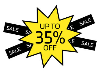 Up to 35% OFF written on a yellow ten-pointed star with a black border. On the back, two black crossed bands with the word sale written in white.