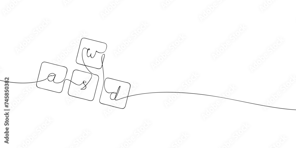 Poster a single line drawing of a wasd key. continuous line wasd button icon. one line icon. vector illustr
