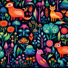 seamless pattern with flowers and animals