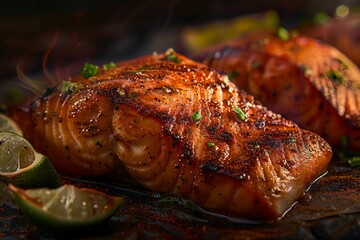 Cajun Blackened Salmon: Succulent salmon fillets coated in a fiery blend of Cajun spices, seared to perfection, served with a zesty lime wedge - obrazy, fototapety, plakaty