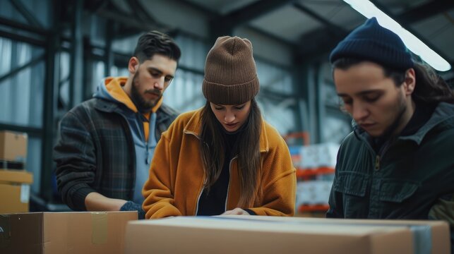 Small start-up business owners checking parcels at work, salespeople, checking production orders. Pack products for delivery to customers Sell