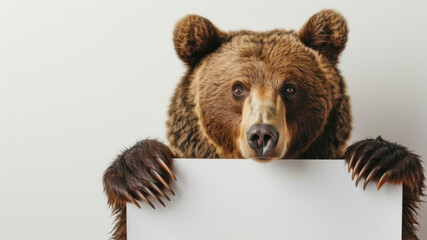 Brown bear holding a white placard in front of his face.