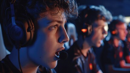 Team of Teenage Gamers Play in Multiplayer PC Video Game on a eSport Tournament. Captain Gives...