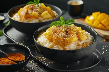 Mango Coconut Sticky Rice: Sweet sticky rice infused with creamy coconut milk, served with ripe mango slices and a sprinkle of toasted sesame seeds - obrazy, fototapety, plakaty