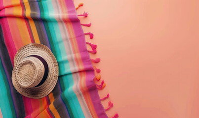 traditional Mexican serape and straw sombrero on pastel pink background with space for text