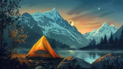 Deurstickers tourist tent camping in mountains © buraratn