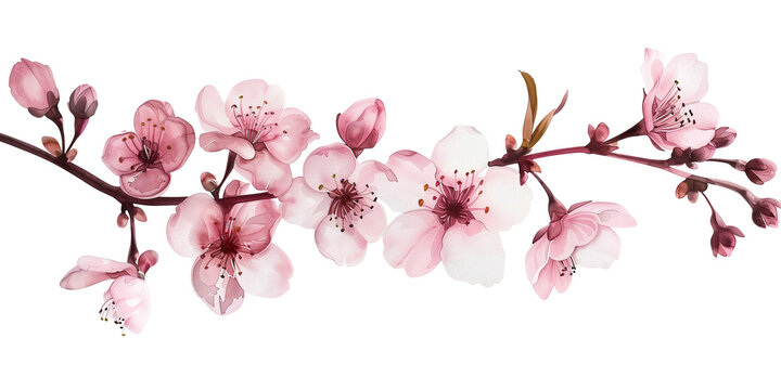  Watercolor pink cherry blossom floral branch, isolated on transparent background