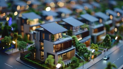 Real estate agents explain models of housing estates in projects to elaborate to clients, explaining and presenting information about homes and purchasing loans. Real estate trading concept. - obrazy, fototapety, plakaty