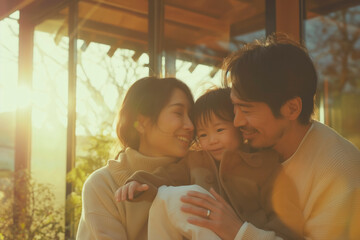 Asian Familial Bliss: A Heartwarming Japanese Portrait of Love, Togetherness, and Joy Captured in Nature and Home - Celebrating the Beauty of Parenthood and the Happiness of Childhood in a Banner