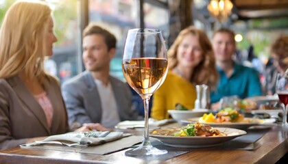 at a table in a restaurant (meeting of friends or corporate event) - a glass of white wine is in focus, the background with people is blurred