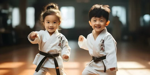 Afwasbaar fotobehang Children practicing Taekwondo in a martial arts class with Asian influence. Concept Martial Arts Training, Taekwondo Practice, Children's Class, Asian Influence, Physical Fitness © Ян Заболотний
