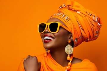 Beautiful african american woman in orange turban and sunglasses - obrazy, fototapety, plakaty