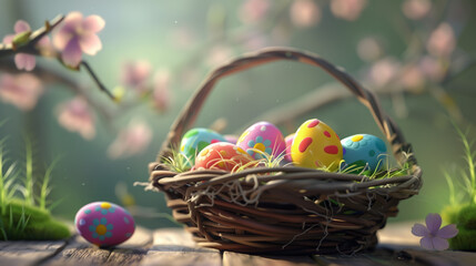 Easter eggs in a basket on a wooden table 