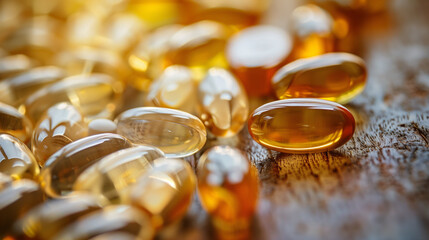 Omega 3 gel capsules on wooden table. Fish oil omega 3 gel capsules.