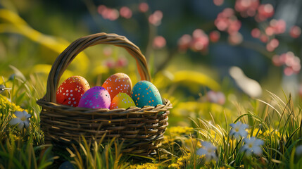 Basket with easter eggs in the grass on the background of spring flowers