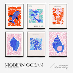 Underwater world, ocean, sea, fish and shells vertical flyer or poster template. Modern trendy Matisse minimal style.