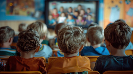 Group of Children Attentively Watching Educational Show