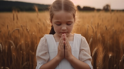 Little Girl closed her eyes, praying in a field wheat. Hands folded in prayer. Religion concept 