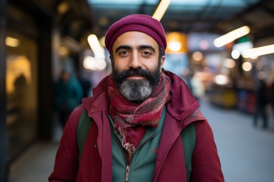 Portrait of a handsome bearded Indian man wearing a hat and scarf