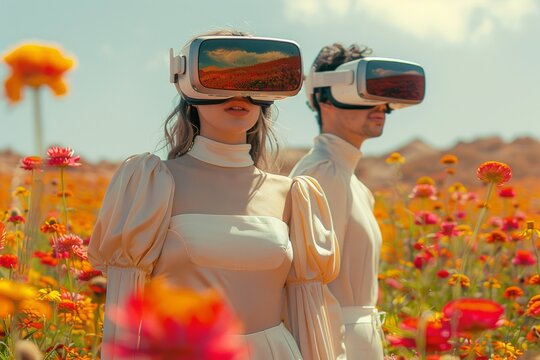 Two females immersed in virtual reality experience amidst a vibrant field of red flowers, concept of technology and nature integration