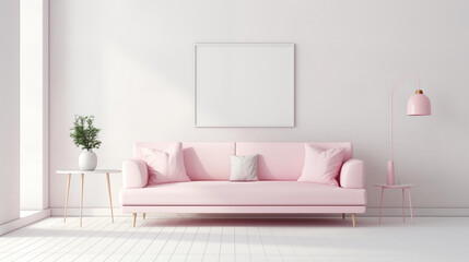 Fototapeta na wymiar Chic Pink Sofa in a Modern Living Room Interior with Minimalist Aesthetic and Wall Decor