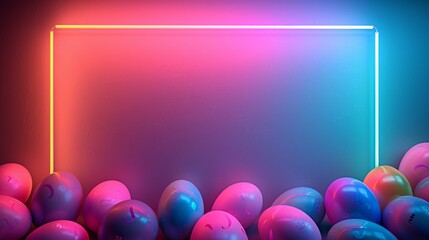 A minimalistic neon rectangle over a scattered array of multicolored, speckled balloons