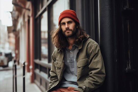 Portrait of a handsome young man with long hair and beard wearing a green jacket and red hat, standing in the city.