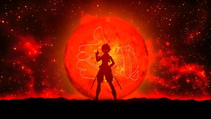 Anime character on the background of the moon, fire, illustration, PC wallpaper 
