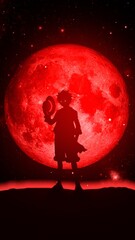 Anime character on the background of the moon, red color, rizina, wallpaper 
