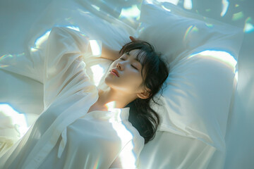 Smiling Asian woman sleep peacefully rests on bed, sleeping in her bedroom, embodying the beauty of relaxation at night, showcasing the joy of a tranquil moment, soft, banner - obrazy, fototapety, plakaty
