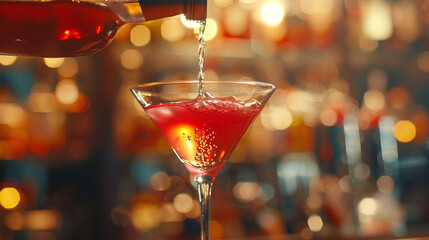 A detailed perspective of a bartender expertly pouring vodka cosmopolitan into a martini glass, showcasing the cocktail's delicate balance of ingredients and elegant presentation. - obrazy, fototapety, plakaty