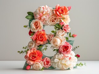 Beautifully crafted number 8, 8 march made of roses and various flowers with leaves and stems against a neutral background