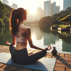  Woman practices yoga sitting in lotus position near lake outdoors