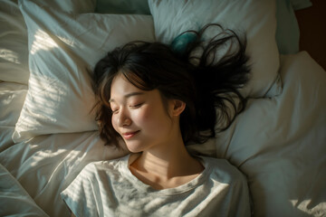 Smiling Asian woman sleep peacefully rests on bed, sleeping in her bedroom, embodying the beauty of relaxation at night, showcasing the joy of a tranquil moment, soft, banner