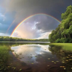 rainbow over the river after rain in nature