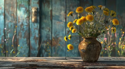 Bouquet of dandelions in a flower pot. Dandelions on a wooden table