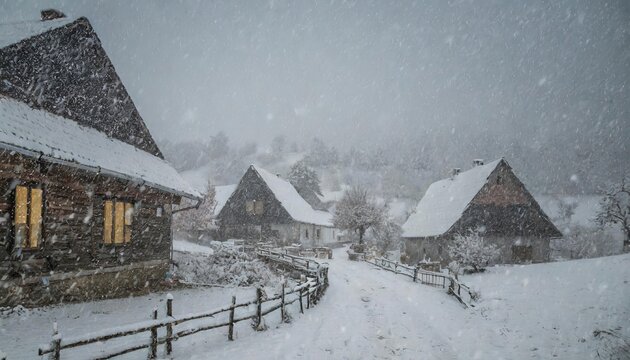 Generated image of blizzard and snowfall in nice little fairytale town with wooden houses