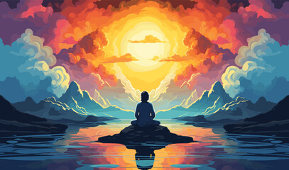 Meditation Under Psychedelic Skies isolated vector style illustration - obrazy, fototapety, plakaty