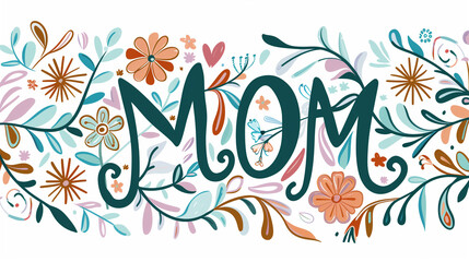 Artistic Typographic Illustration with the Word 'MOM' Surrounded by Flowers and Vines.