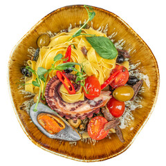 Italian pasta with seafood, pasta with octopus. Seafood dish isolated on white background