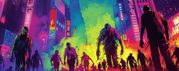 A vibrant pop art background with a twist of horror: Imagine a chaotic cityscape bathed in neon colors, reminiscent of classic comic book panels.