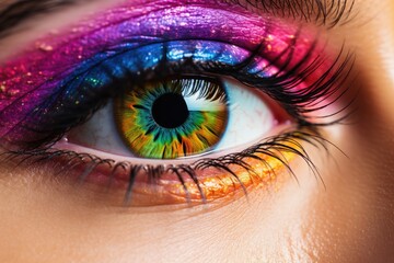 close-up of an eye with an iridescent pupil. - obrazy, fototapety, plakaty
