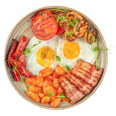 Traditional Full English Breakfast fried eggs, sausages, beans, mushrooms and bacon isolated on white background