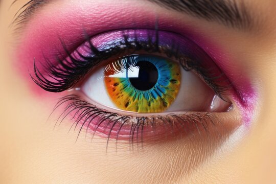 close-up of an eye with an iridescent pupil.
