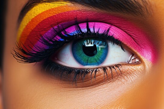 close-up of an eye with an iridescent pupil.
