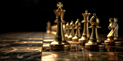Standing out from the crowd, golden King chess standing in front of other chess