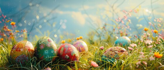 colorful painted eggs on the grass. Easter eggs. banner.
