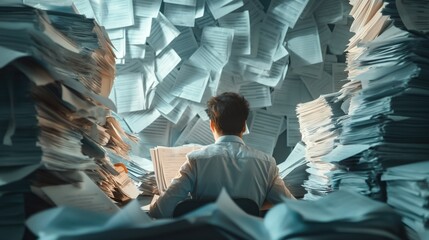 Rear view of a businessman with a bunch of documents around him in the office - Powered by Adobe