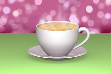 3D illustration. Cup of coffee on pink bokeh background.